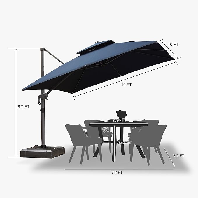 PURPLE LEAF 10 FT Cantilever Umbrella Outdoor Patio Umbrella, Large Offset Square Umbrella, Windproof Heavy Duty Hanging Outside for Patio, Ocean Slate