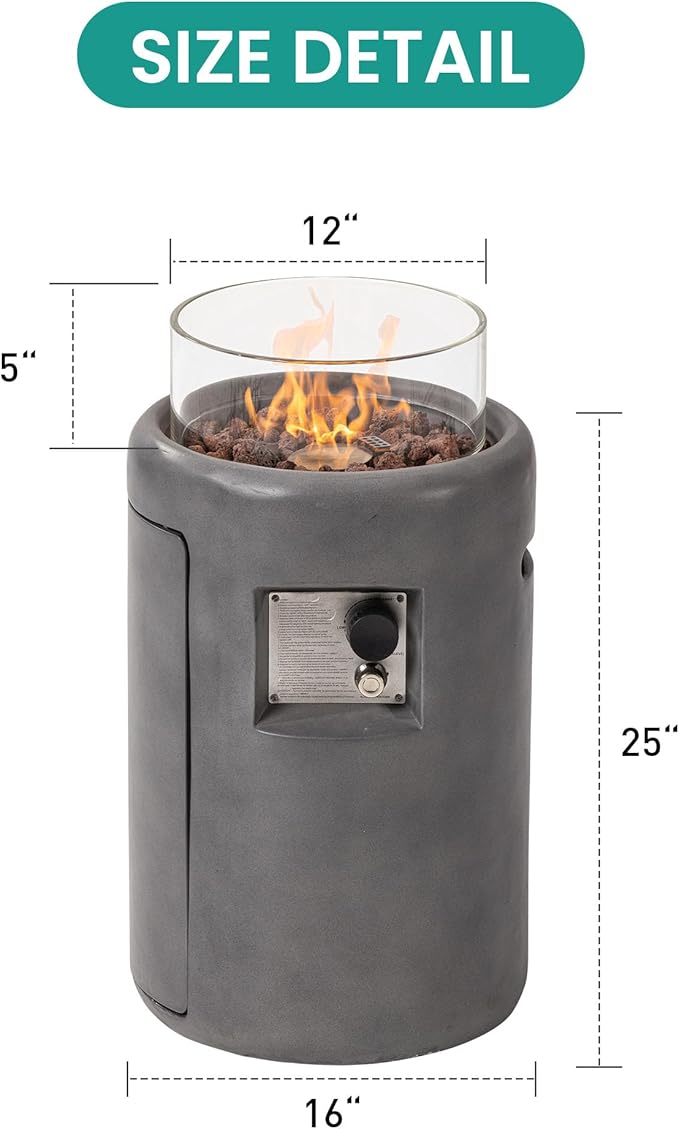 SUNBURY Outdoor Gas Fire Column, 40,000 BTU Propane Fire Pit for Patio Party & Gathering, Compact Flame Heater with Lava Rocks, Waterproof Cover for Yard & Deck Ambiance (Grey)