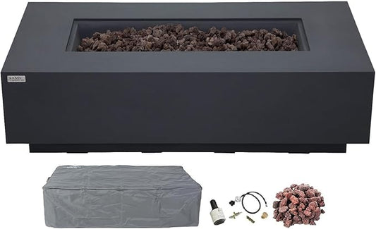 AMS Creations | Madison 60" Rectangular Propane Gas Outdoor Fire Pit Table | Dark Gray Concrete GFRC | Smooth Texture or Surface | Electronic Ignition | Outside Backyard Fireplace