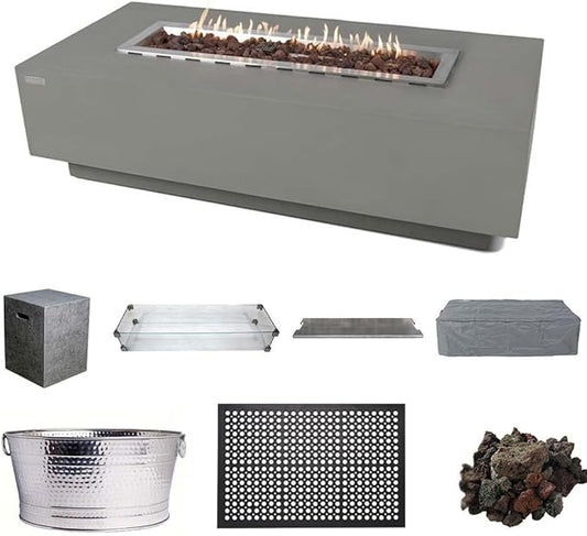 Elementi Granville Fire Pit Outdoor Firepit Set Includes 60” Propane Concrete Firepit Table, Glass Windscreen, Stainless Steel Cover, Tank & Canvas Cover, Floor Mat and Beverage Tub