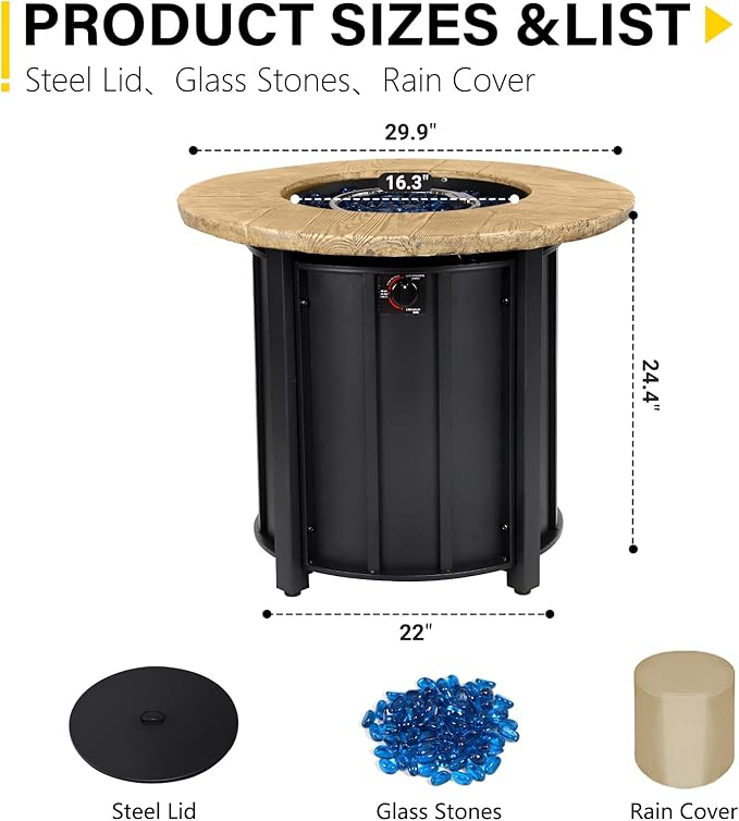 30 Inch Round Propane Fire Pit Table,50000 BTU Outdoor Fire Pit with Automatic Ignition & Lid Cover,Portable Iron Steel Firepit for Patio,Deck,Backyard Garden w Glass Stones & Rain Cover