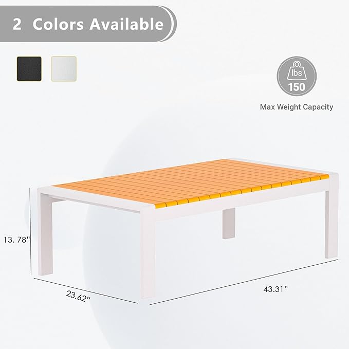 Aluminum Outdoor Patio Coffee Table for for Deck, and Poolside (White, Dark Teak)
