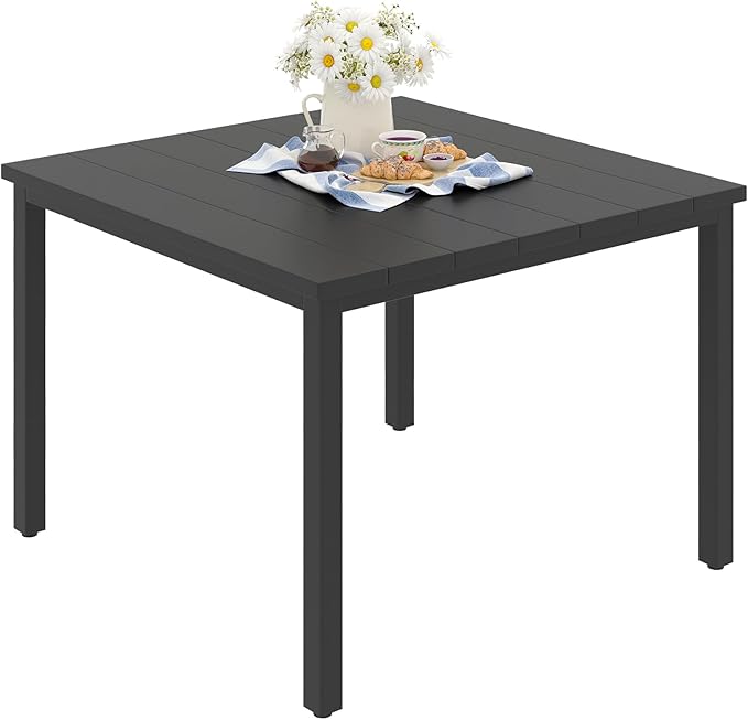 VICLLAX Outdoor Patio Dining Table for 4, Metal Square Patio Table with Umbrella Hole for Backyard Porch, Black 40.2"