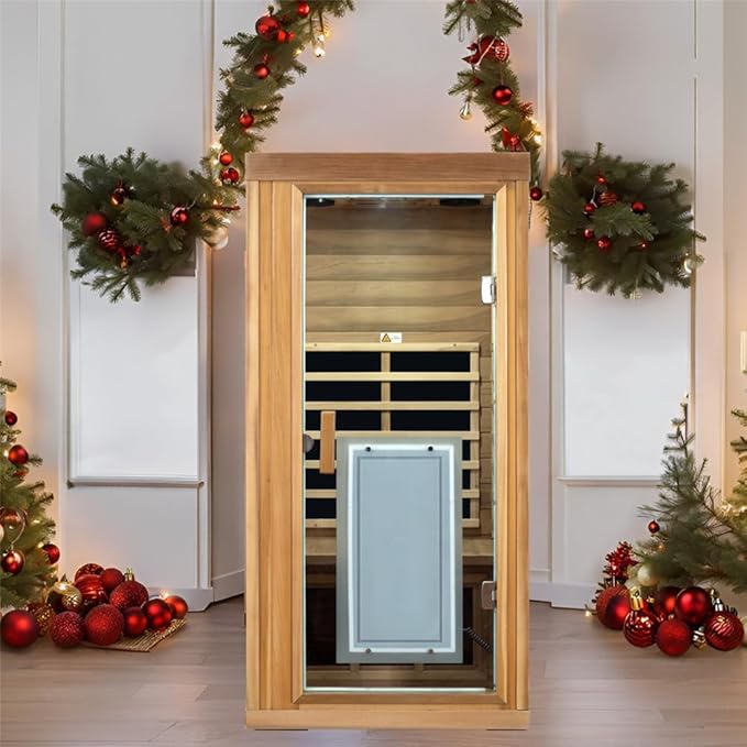 Red Cedar Sauna 1 Person Low EMF Far Infrared Saunas for Home, 1350 watt Indoor Personal Sauna Room with Door Heating Panels, Clothing Hanging Rod, Blue-Tooth Speakers, LED Reading Lamp