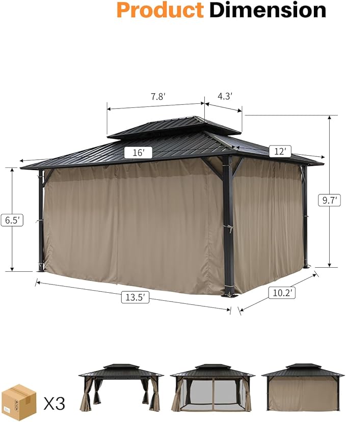 SEEHILL 12' x 16' Hardtop Gazebo, Outdoor Patio Gazebo, Aluminum Frame Patio Hardtop Gazebos with Netting and Curtain, Outdoor Patio Pergola with Double Steel Roofs for Deck, Lawns, Garden, Sandstone