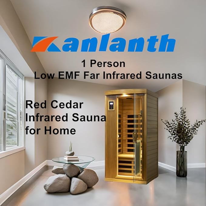 Far Infrared Sauna Room 1-2 Person Infrared Home Saunas, 8 Low EMF Heating Panels, 1510 Watts Red Cedar Wood Sauna with Door Heating Panel, LCD Display-Control, Blue-tooth Audio, Outdoor Lamp