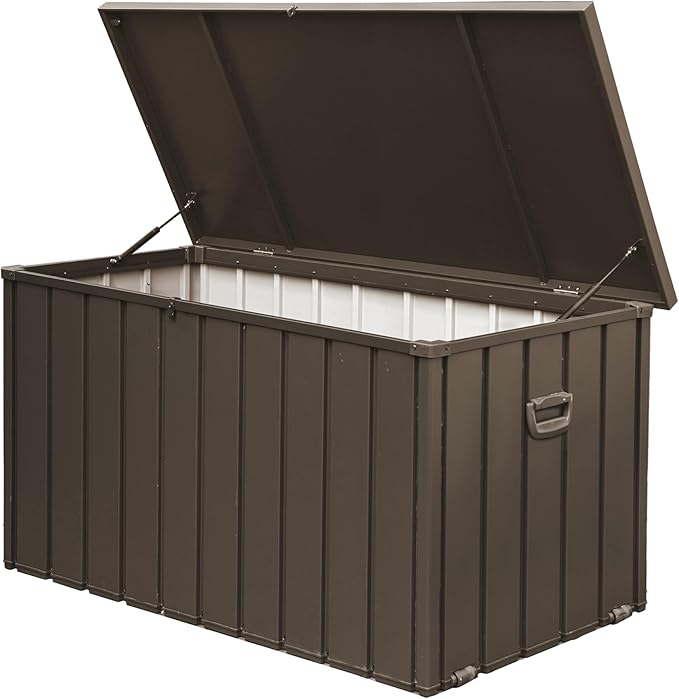 JOSHEN 200 Gallon Outdoor Storage Deck Box with Lockable and Mobile Roller, Large Steel Container Bin with Waterproof and UV Resistant for Garden, Patio, Dark Brown
