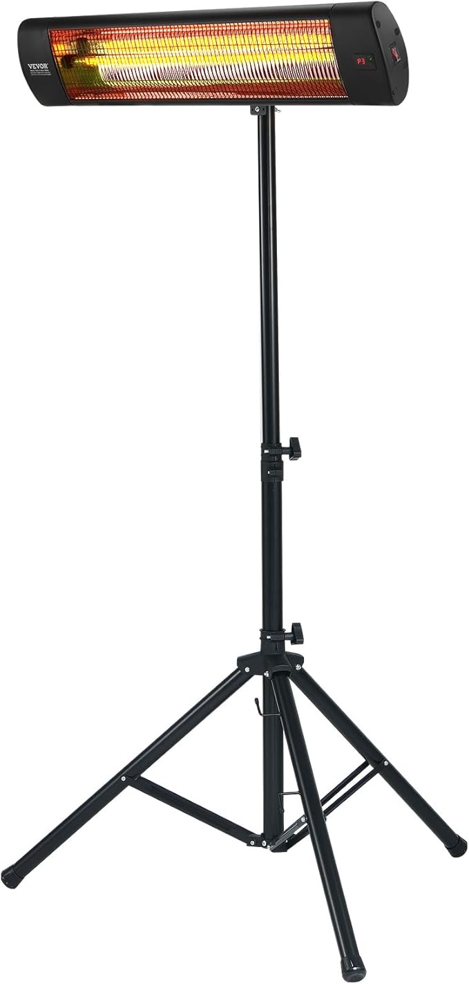 VEVOR Infrared Heater, 1500W Remote Control Electric Space Heater, LED Screen Patio Heater w/ 3 Speeds & Timer, Outdoor/Outdoor for Porch,Dining Room,Studio, with Stand & Mount to Ceiling/Wall,34in L