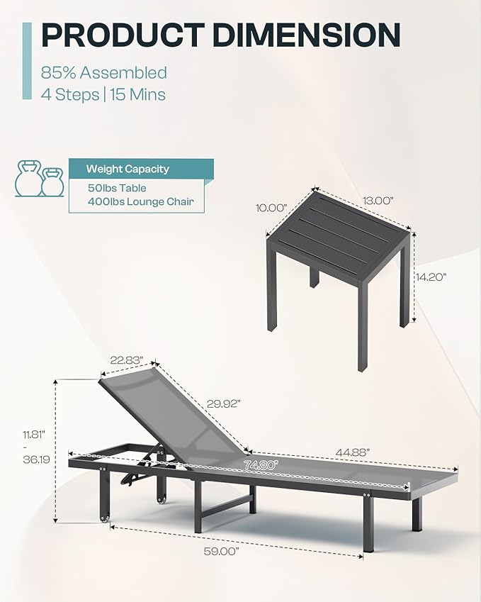 Pool Lounge Chairs, Chaise Lounge Outdoor with Wheels and 5-Position Recliner -Easy to Move- Aluminum Patio Lounge Chair for Poolside, Deck (Darkgray)