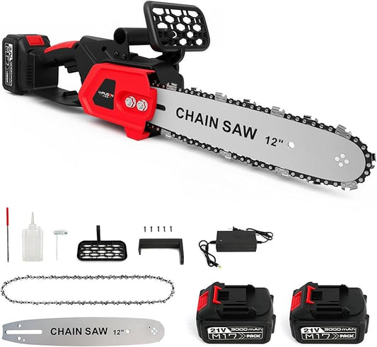 ALSO GO 12-inch Electric Chainsaw Cordless, 21V Battery Powered Chainsaw, Brushless Chain Saw with a 3.0Ah Battery, a Chain and a Charger Included, for Tree Trimming, Wood Cutting, Pruning