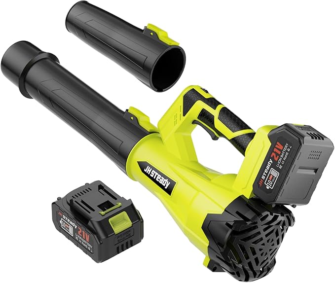 JH Steady 21V Cordless Leaf Blower - 3500W 350m/s, Stepless Variable Speed, Extended Nozzle, Rechargeable with Safety Gear (Green:2*Battery + Charger)