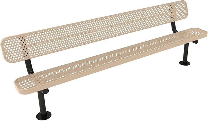 COATEDOUTDOORFURNITURE Coated Outdoor Furniture Heavy-Duty Outdoor Bench Thermoplastic Coated, Punched Steel, Commercial-Grade Seating, Made in America (Surface with Back, 8 Ft, Tan)