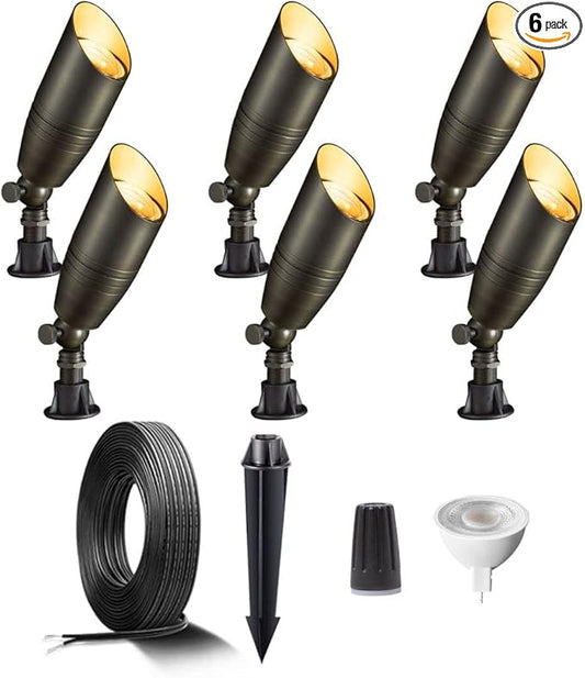 Gardenreet Brass Low Voltage Landscape Spotlights(6-Pack) Kit 12V LED with 100 Feet Wire and 30Pack Connectors for Outdoor Yard Garden Patio Without Transformer