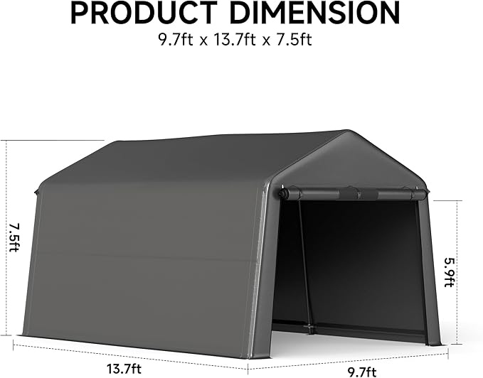 Real Relax Outdoor 8x14 ft Heavy Duty Carport for Snowmobile & Garden Tools, 240g PE Waterproof Cover & 1.2mm Steel Frame, Waterproof with 2 Roll-Up Doors & Vents