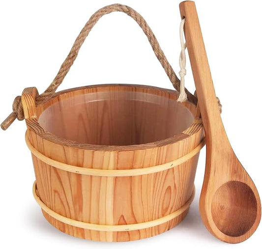 6L Wooden Sauna Bucket and Ladle Set, Handmade Cedar Sauna Bucket with Rope Handle,Natural Cedar
