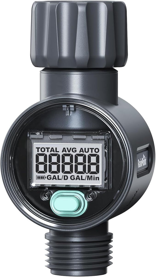 RAINPOINT Water Flow Meter, ±5% Accuracy, Measure Consumption and Flow Rate up to 9999.9 Gallon/Liter, Water Meter for RV, Garden Hose, Pool, Lawn Sprinkler & Nozzle Sprayer