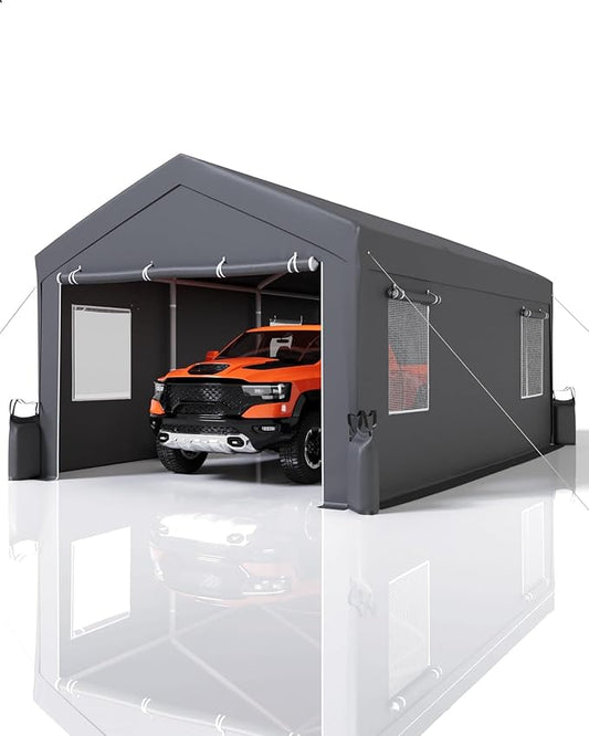 13x20 Ft Carport, Heavy Duty Portable Garage with Roll-Up Doors & 4 Windows,200g PE Tarp Waterproof & UV Protected,All-Weather Design,for Car, Boat, Truck, Motorcycle, ATVs, and SUV