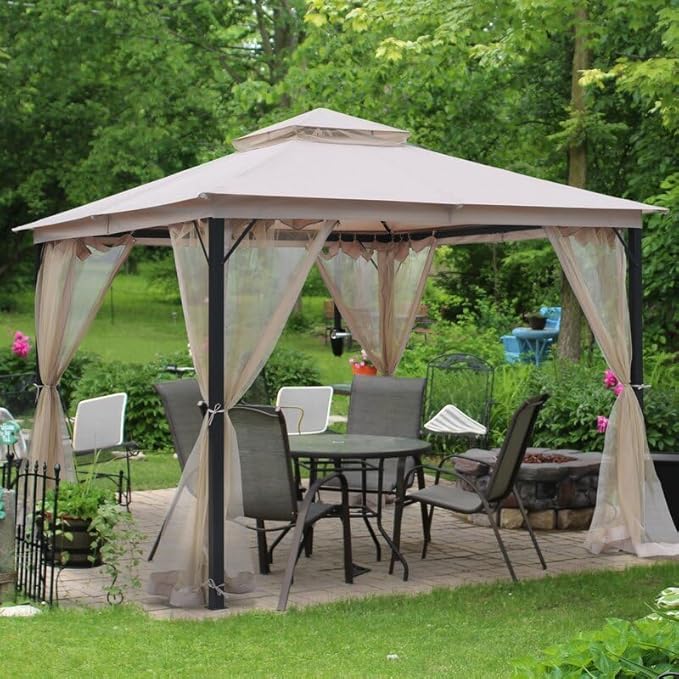 Outdoor Patio Gazebo 10x10, Heavy Duty Gazebos, Soft Top Gazebo with Metal Frame, Double Roof Canopy, Mosquito Nets, Permanent Pavilion for Decks & Backyards