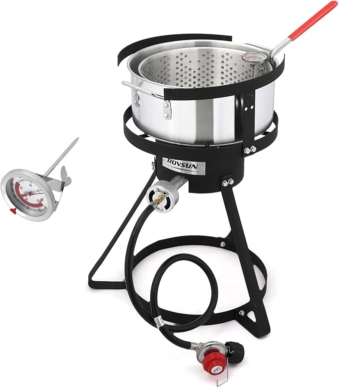 ROVSUN 10Qt Fish Fryer Pot with 55,000 BTU Propane Burner, 6.7Qt Strainer Basket, Thermometer & Lid, Aluminum Pot for Fish Chicken Wings, Seafood Frying & Outdoor Backyard Cooking