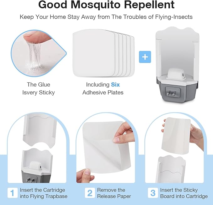 Fly Trap Indoor, 2 Plug-in Fly Catchers with 6 Refill Glue Cards, Ideal for Fruit Flies, Gnats, Mosquitoes, House Flies, Moths & Other Flying Insects – Perfect for Home Use