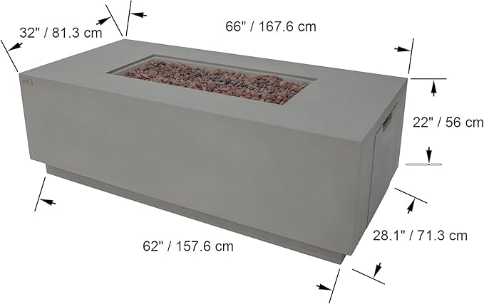 AMS Creations | Sedona Fire Pit Table with Pull-Out Propane Tank Storage Drawer | Concrete Rectangular Propane Fire Pit | Modern Outdoor Furniture | Lava Rock and Fabric Cover Included. (Light Grey)