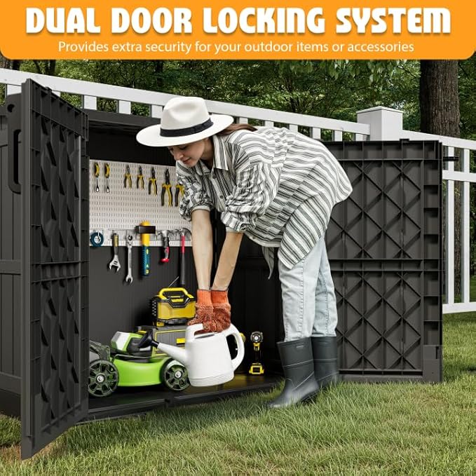 LHBcraft Outdoor Storage Cabinet 36 Cu Ft with Lockable Doors, Portable Horizontal Resin Storage Shed - Easy to Assemble, Waterproof Small Storage Shed with Floor Black