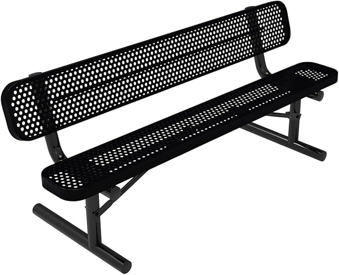 COATEDOUTDOORFURNITURE Coated Outdoor Furniture Heavy-Duty Portable Outdoor Bench Thermoplastic Coated, Punched Steel, Commercial-Grade Seating, Made in America (Portable with Back, 6 Ft, Black)