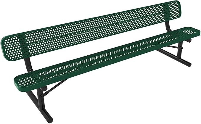 COATEDOUTDOORFURNITURE Heavy-Duty Portable Outdoor Bench Thermoplastic Coated, Punched Steel, Commercial-Grade Seating, Made in America (Portable with Back, 8 Ft, Textured Green)