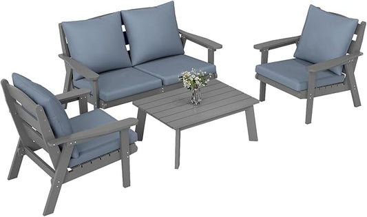 FOOWIN 4-Piece Patio Furniture Set, HDPE All-Weather Outdoor Conversation Set with Thick Cushions, Sectional Patio Sofa Furniture for Deck, Porch, Lawn, Garden, Grey Frame & Grey Cushion