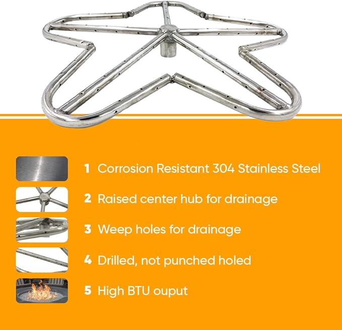 HPC Penta Match Lit Fire Pit Burner Kit (FPS-PENTA30KIT-NG-MSCB) with 30-Inch Stainless Steel Burner, Natural Gas, Polished Chrome, with Flange, Key, Valve, Flex Line and Fittings