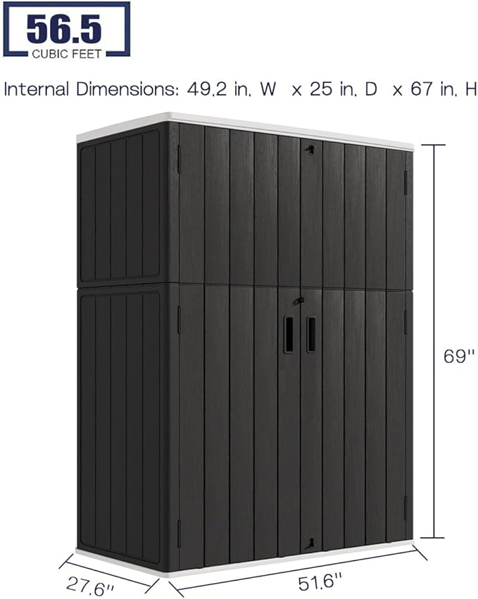 KINYING Outdoor Storage Cabinet Waterproof, 57 Cu.ft Resin Vertical Outdoor Storage Shed for Patio Furniture, Garden Tools, Pool Accessories, Mower Storage (Black)