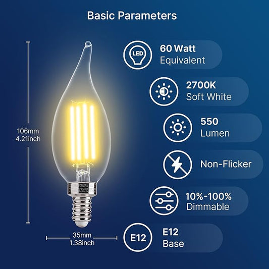 FLSNT Candelabra LED Light Bulbs, CA11 LED E12 Chandelier Light Bulbs 60W Equivalent, 2700K Soft White, 550LM, 5.5W, 90+ High CRI, AC 120V, 12 Pack, Dimmable UL,CA65 Listed.