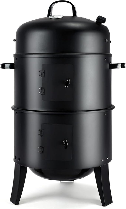 TCFUNDY 32" Vertical Charcoal Smoker Grill, Heavy-Duty BBQ Grill with Built-in Thermometer, 3 in 1 Grill and Smoker, Portable Meat Cooker with Air Vent for Outdoor Barbecue Cooking