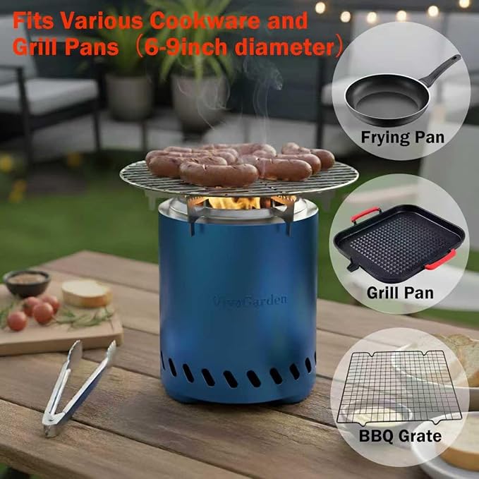 Smokeless Tabletop Fire Pit, VivaGarden Portable Outdoor Fire Pit for Camping, Patio, Backyard, Wood and Pellets Burning Camping Stove with Carry Bag, Forks, Mat and Pot Stand (9.7x7.1 Inch, Blue)