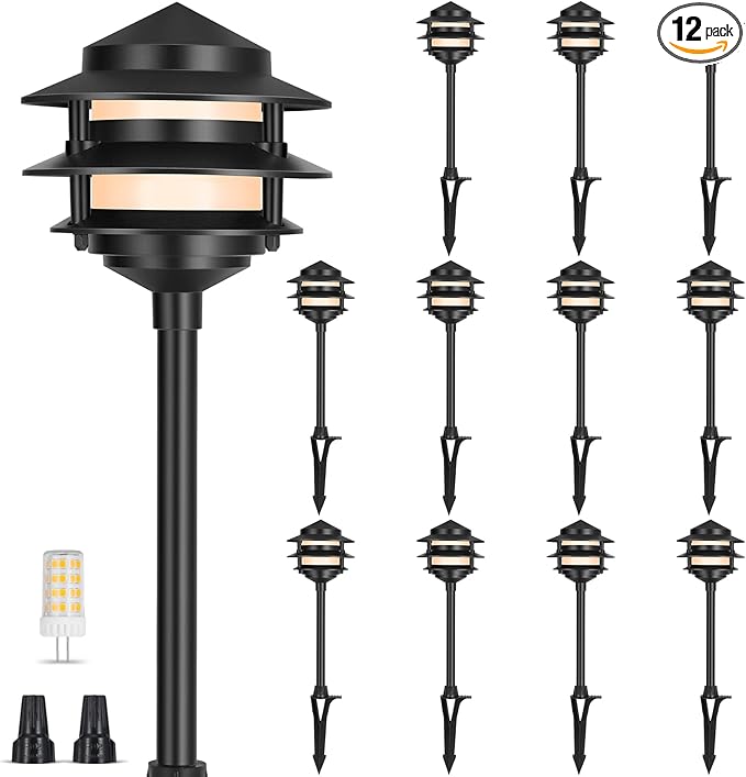 Gardencoin Pagoda Low Voltage Landscape Pathway Lights, 12V Outdoor LED Path Lights Wired, Aluminum Walkway Lighting with 4W 2700K Replaceable G4 Bulb, Classic 3-Tier Lantern, 12 Pack