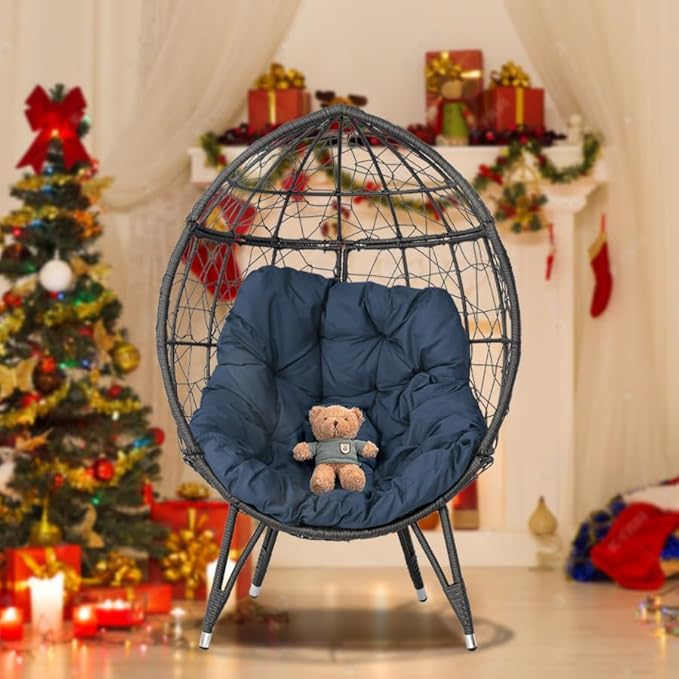 Outdoor Egg Chair, Part of Patio Conversation Set, All-Weather Wicker Lounge Chair with Thick Cushions, Single Seat for Balcony, Garden, Porch, Blue