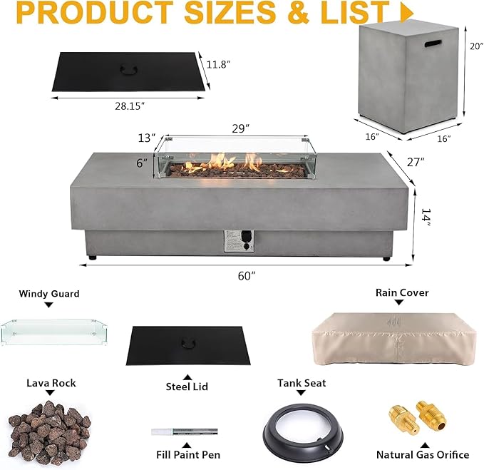 60Inch Outdoor Propane Fire Pit Table with Tank Cover Wind Guard, 3-Piece Large Concrete Fire Table Rectangular 50,000 BTU Stainless Steel Burner Gas Fire pits for Outside Patio, Backyard