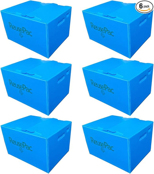 Foldable Box Corrugated PP Lightweight, Storage Moving Mailing, Heavy Duty Stackable, Tape Free Self-Locking Lid, Handles for Business Home In/Outdoors (6 Pack Sky Blue 16x12x10 in)