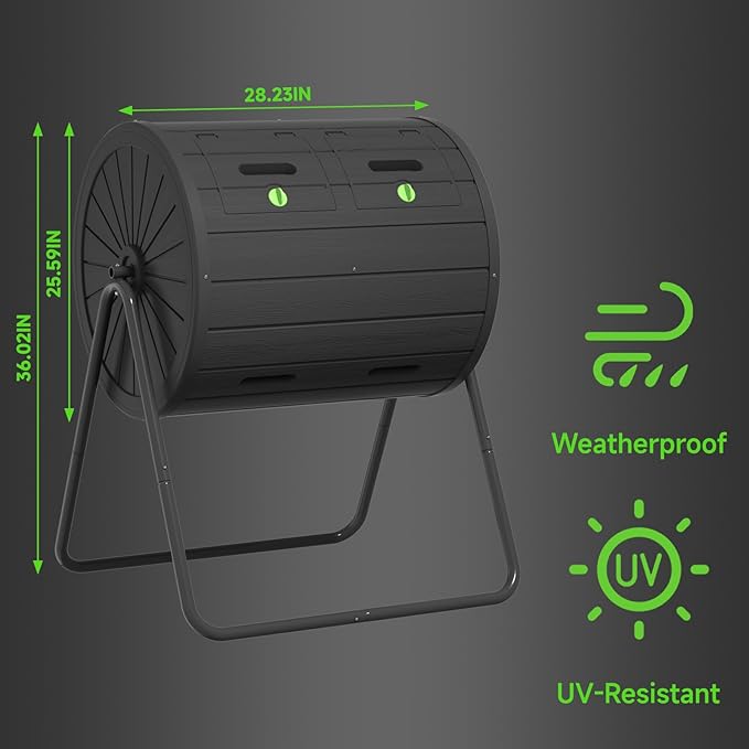PatioZen Dual Chamber Tumbling Composter 45 Gallon Large Outdoor Tumbling Composter Efficient Batch Composting Easy Turn Design (Black 45Gal)