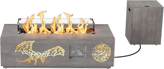 Dragon Fire Pit Table, 42 Inch Propane Gas Outdoor Fireplace with Dragon Pattern, 50,000 BTU Fire Table with Tank Side Table, Blue Fire Glass, Cover Included for Patio and Backyard
