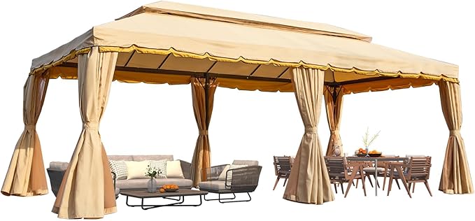 MELLCOM 10x20 Kahaki Outdoor Canopy Gazebo, Double Roof Patio Pergolas Steel Frame with Netting and Shade Curtains for Garden,Patio,Party Canopy