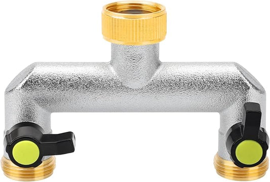 EEEKit Garden Hose Splitter 2 Way, 3/4" GHT Spigot Faucet Hose Pipe Tap Splitter, Nickel-Plated Brass Water Hose Manifold with Shut Off Valve