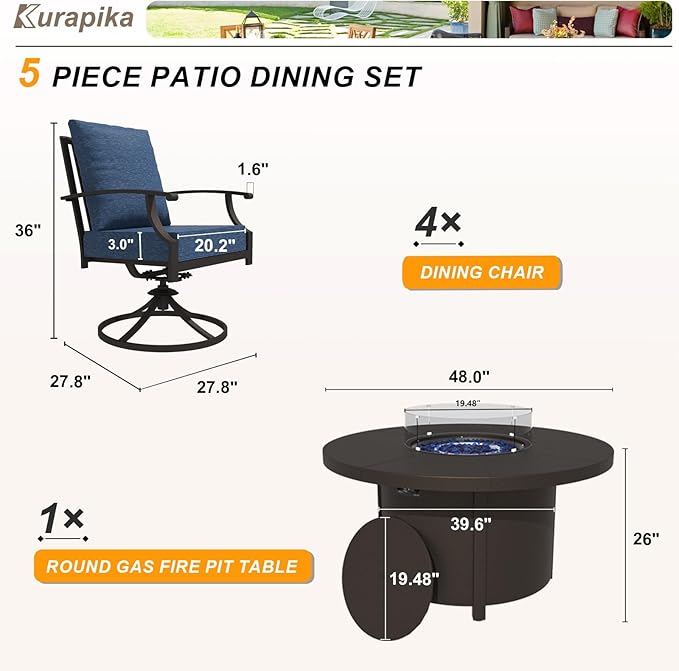 Kurapika 5 Piece Metal Outdoor Patio Furniture Set with Round Fire Pit Table, Patio Conversation Sets 4 Swivel Chairs with Thick Cushion and 40000 BTU Fire Pit Table, Navy Blue