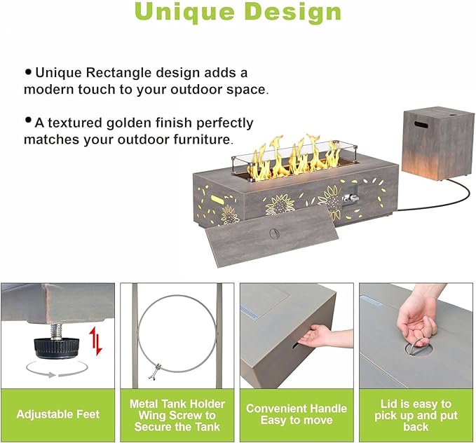 42 inch Propane Fire Pit Table LED, 2 in 1 Rectangular Outdoor Fire Pit with 20lb Tank Cover, Outside Patio Deck and Garden, Gas Fireplace Table with Lid and Stone, 50,000 BTU Adjustable Flame