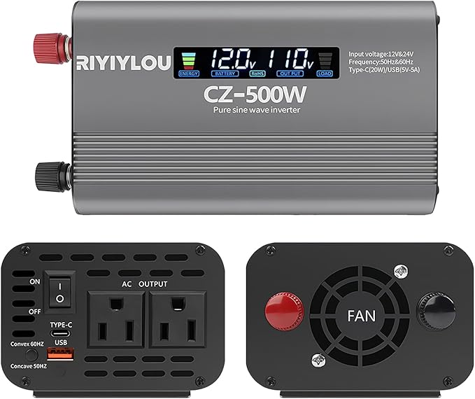 500W Pure Sine Wave Inverter (1000W Peak), 12V/24V Auto-Detect, 50Hz/60Hz Switchable, LCD Display, Type-C Fast Charging, Silent Design, Overload & Overheat Protection for RV, Home (500W)