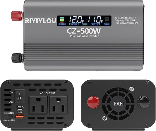 500W Pure Sine Wave Inverter (1000W Peak), 12V/24V Auto-Detect, 50Hz/60Hz Switchable, LCD Display, Type-C Fast Charging, Silent Design, Overload & Overheat Protection for RV, Home (500W)