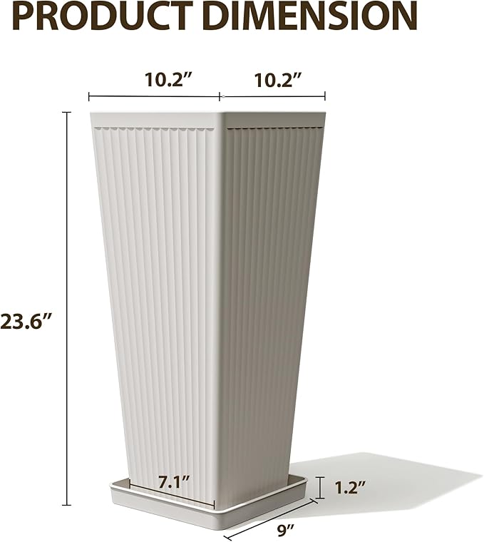 Tapered Tall Planters for Outdoor Plants 2 Pack- 23.6 Inch Square Indoor Flower Pots with Drainage Holes and Partition/Tray Saucers, Large Outdoor Planters for Porch Patio Garden, White