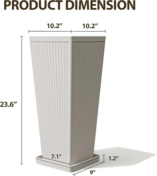 Tapered Tall Planters for Outdoor Plants 2 Pack- 23.6 Inch Square Indoor Flower Pots with Drainage Holes and Partition/Tray Saucers, Large Outdoor Planters for Porch Patio Garden, White