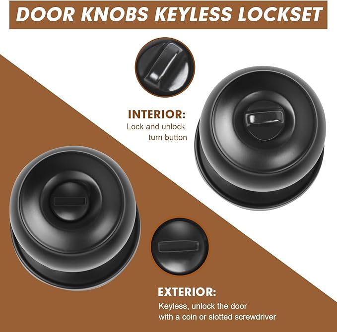 RAZCC Privacy Door Knobs, 4 Pack Matte Black Door Knobs with Lock, Bed and Bath Door Knob Interior Keyless Locksets, Round Door Handles Reversible for Left Right Handed Doors