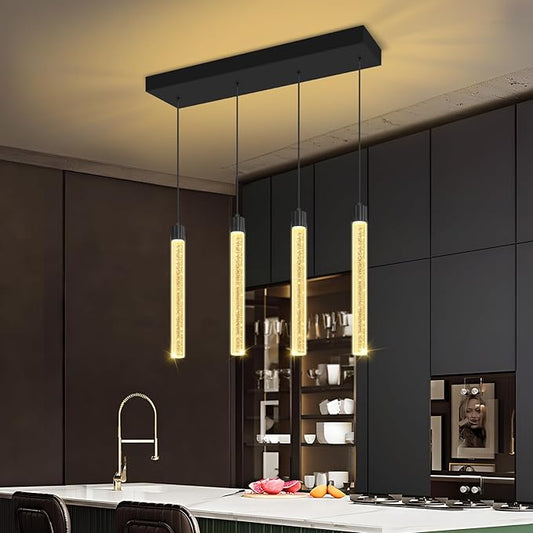 4-Lights Black Modern Crystal Chandeliers for Dining Room Dimmable LED Adjustable Height Hanging Pendant Light for Kitchen Island,Bedroom,Over Table,Living Room